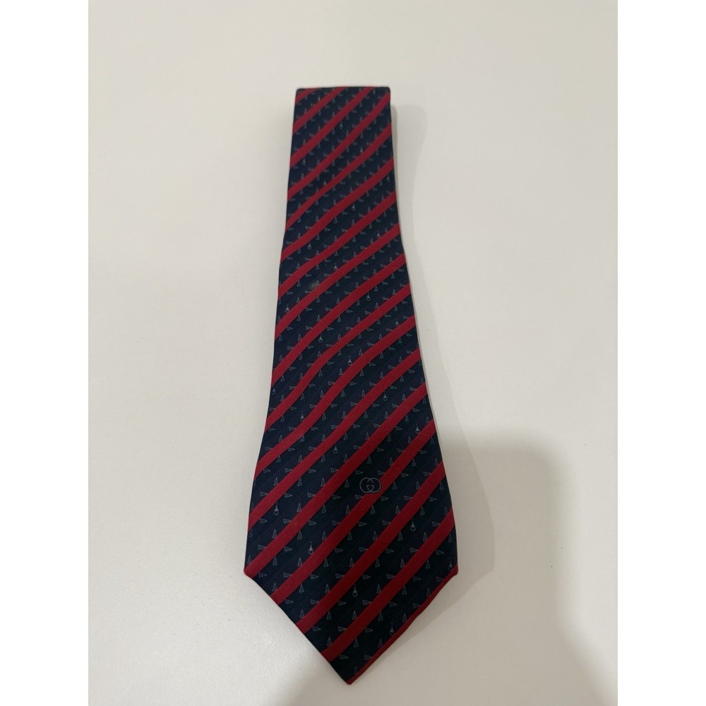 Vintage Kids Gucci Silk Necktie Dark Navy  Red Diagonal Stripe Pattern 3.5"X48"